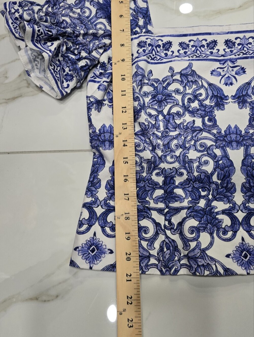 Old Money Porcelain Print Puff Sleeve Square Neck Blouse Blue White Sz 12 - Picture 7 of 9